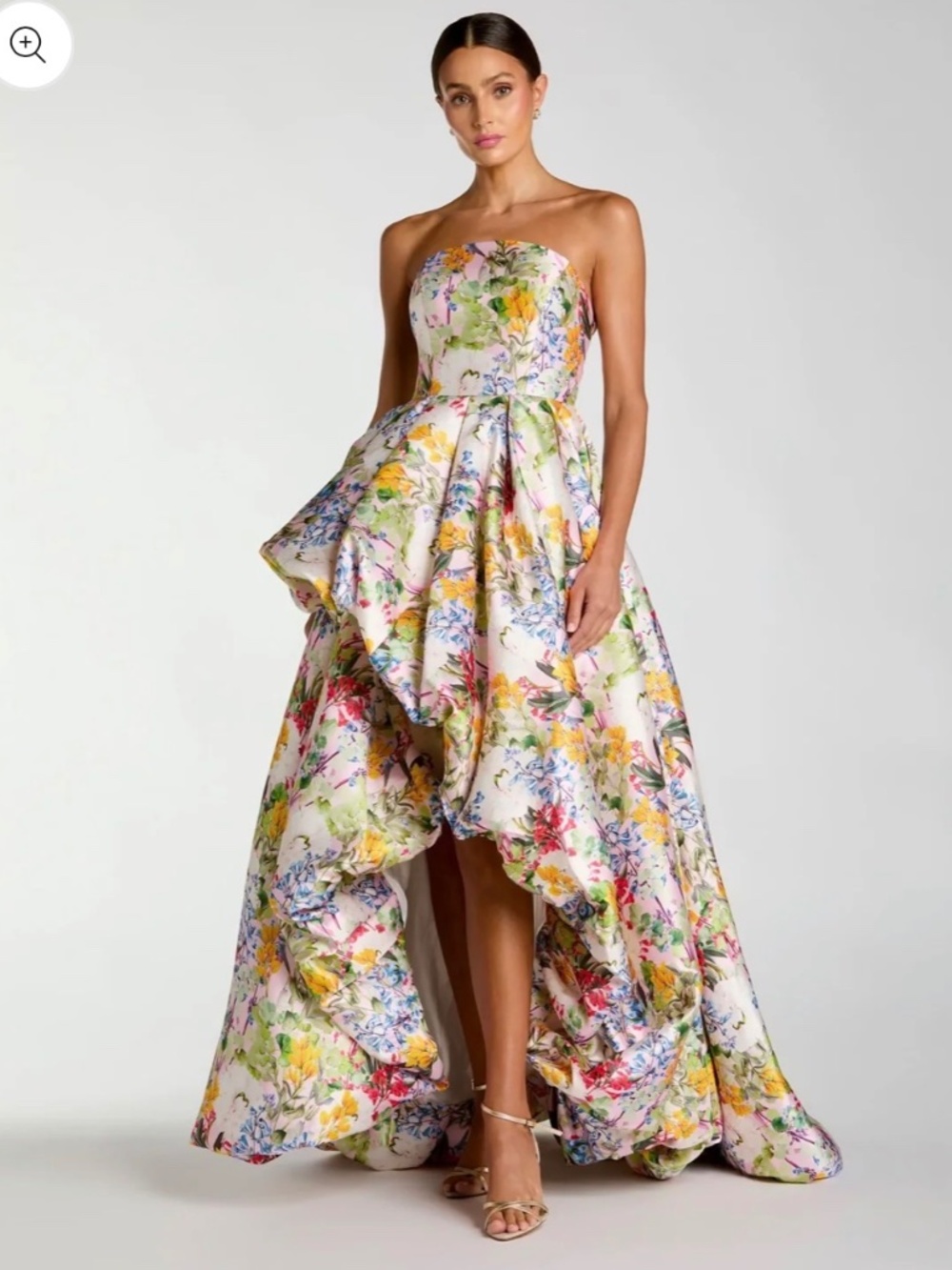 NEW MAC DUGGAL strapless floral high low bubble hem gown in pastel multi
